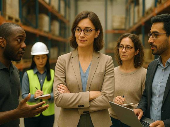 A female supply chain leader attentively listening to a conversation between members of her team on a warehouse floor